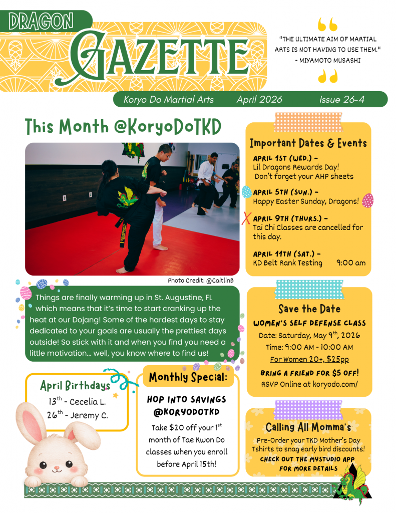 Koryo Do Martial Arts monthly school newsletter for April 2026