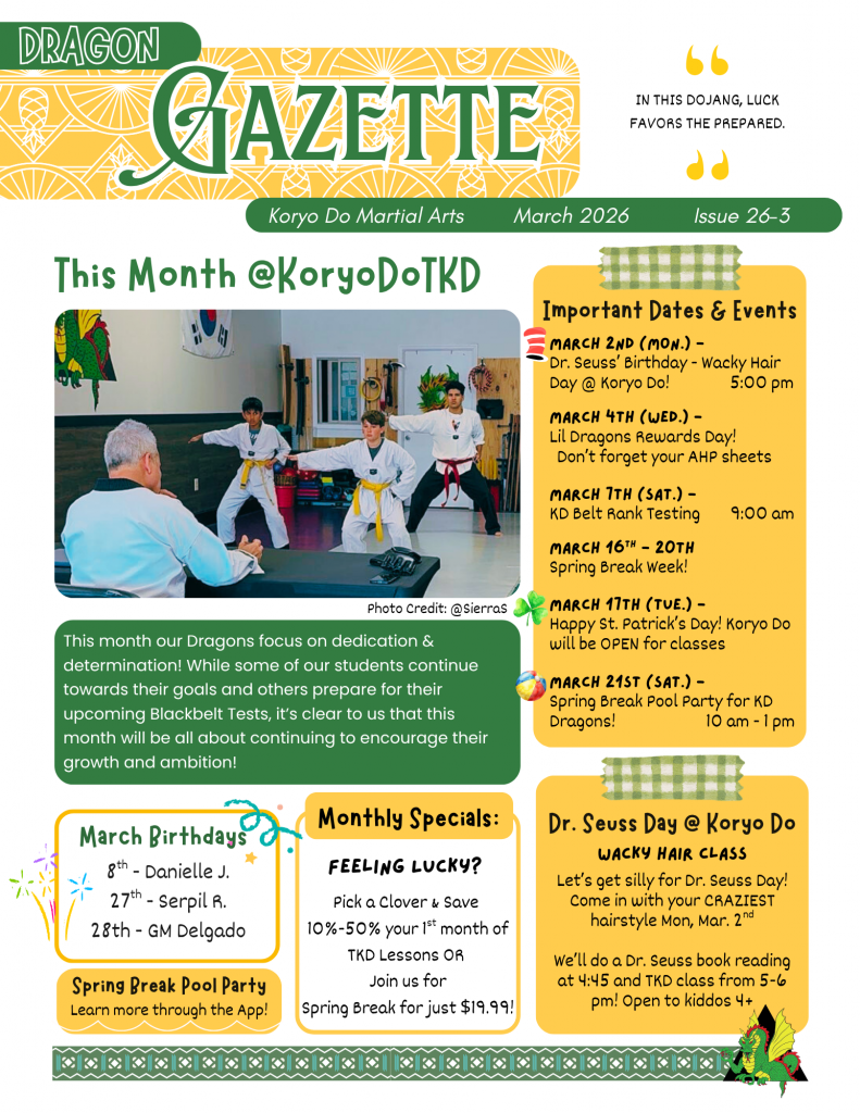 Koryo Do Martial Arts monthly school newsletter for March 2026